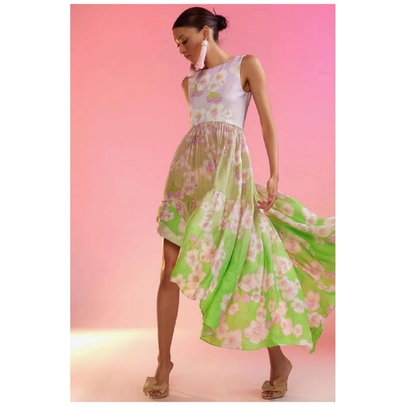 Cynthia Rowley Ramie Tier Sleeveless Dress Floral High Low Pink Green Size Small - Picture 1 of 6